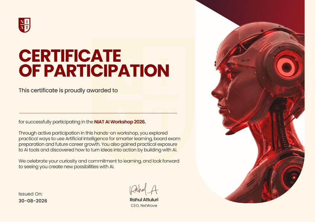 Official NIAT Certificate of Participation signed by Rahul Attuluri CEO NxtWave