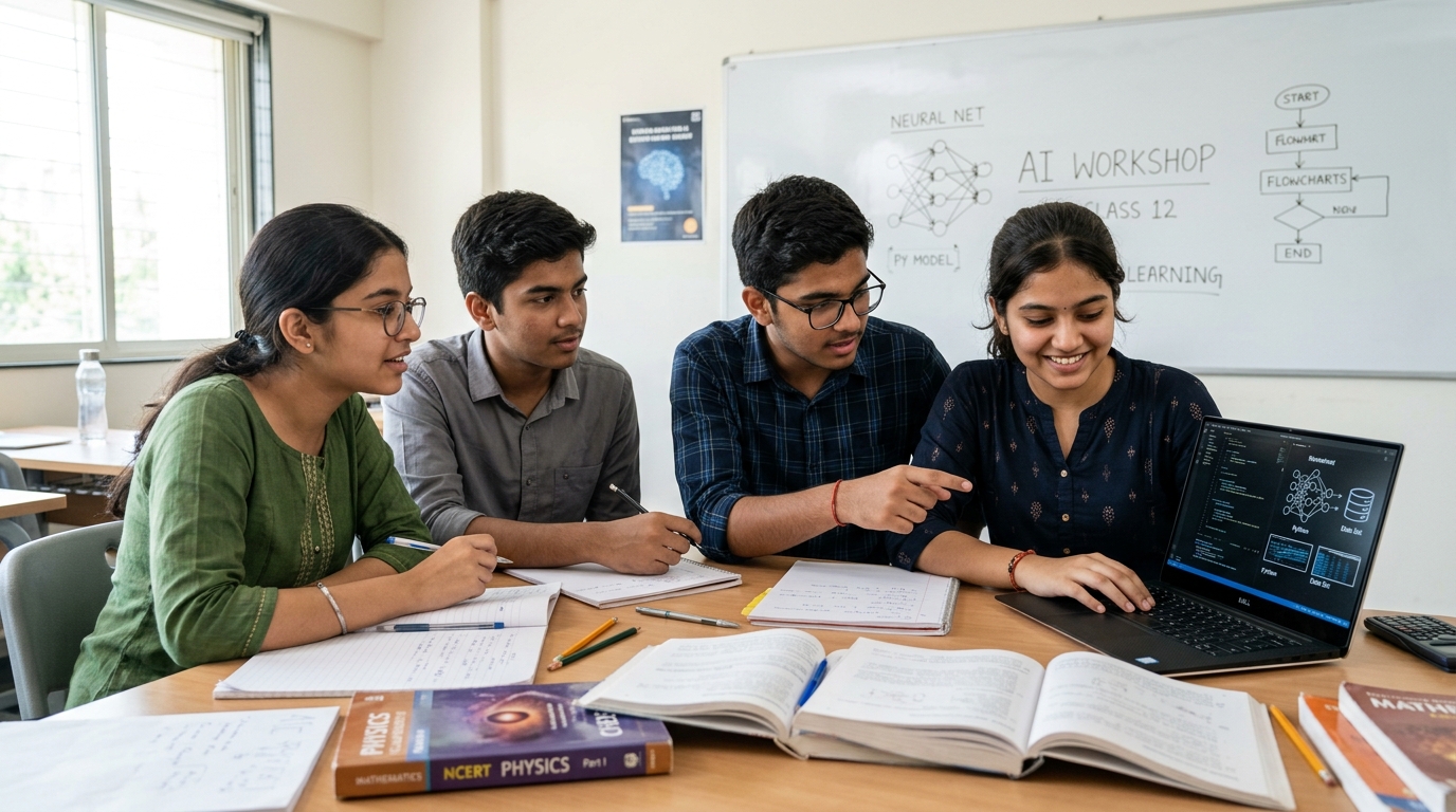 Four Indian Class 12 students actively engaged and collaborating around a laptop with science textbooks and whiteboard in a bright modern AI bootcamp