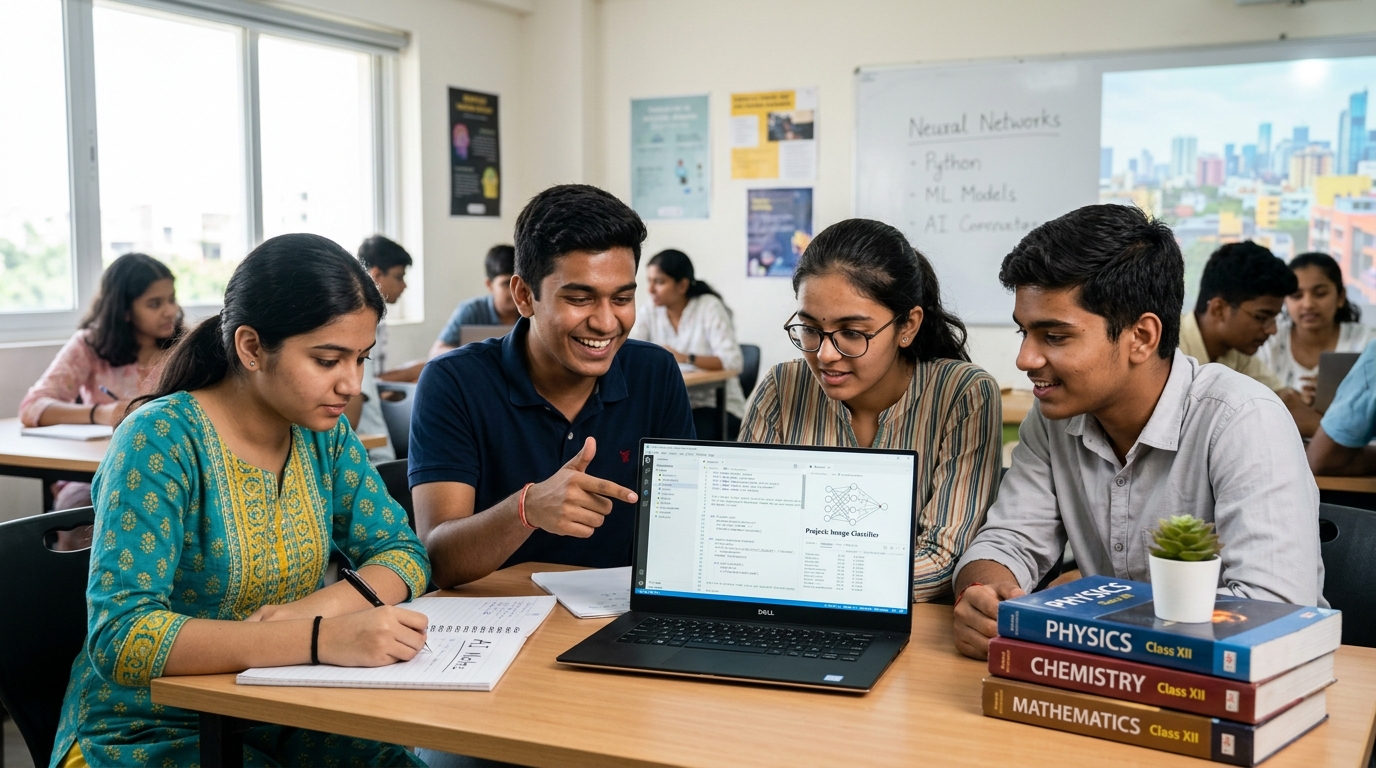 Four Indian Class 12 students in an offline AI bootcamp collaborating around a laptop in a bright sunlit modern classroom with science textbooks