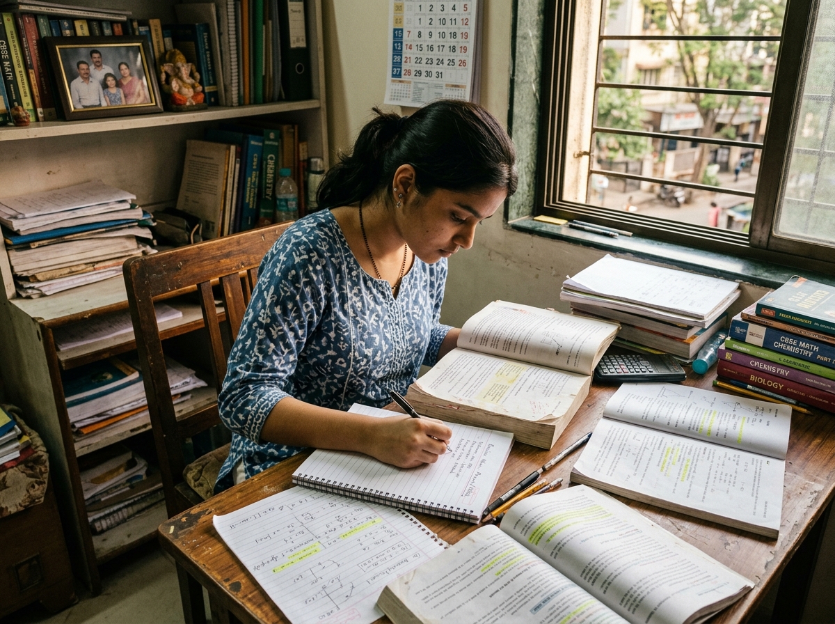 Too Much to Study - Class 12 student with heavy books
